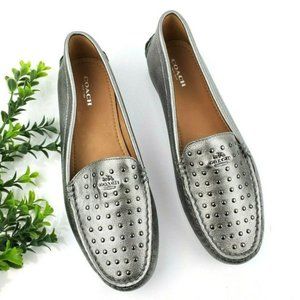 COACH Sz 6 Orlene Silver Leather Studded Loafer Slip On Driving Shoe Flat